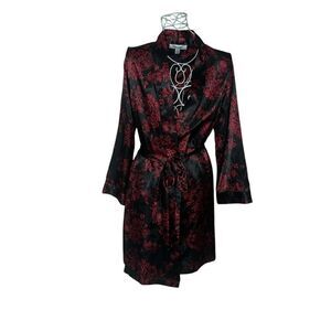 Nice Morgan Taylor Intimates Black Red Floral Self Tie Poly Satin Robe Women Siz